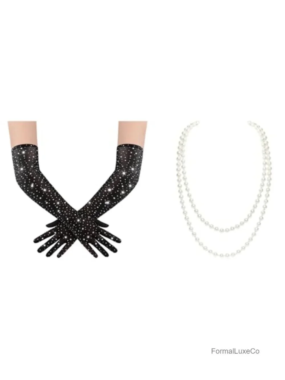 Long Rhinestone Tulle Sheer Sparkly Elbow Length Gloves & Faux Pearls Necklace